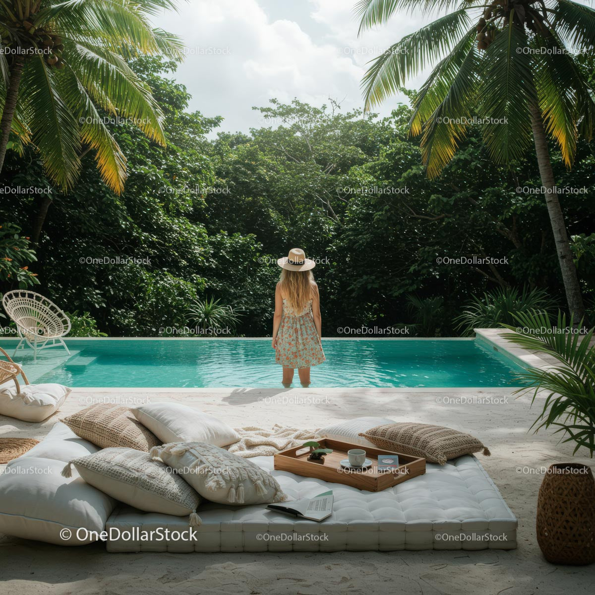 Woman Relaxing by Pool in Tropical Oasis