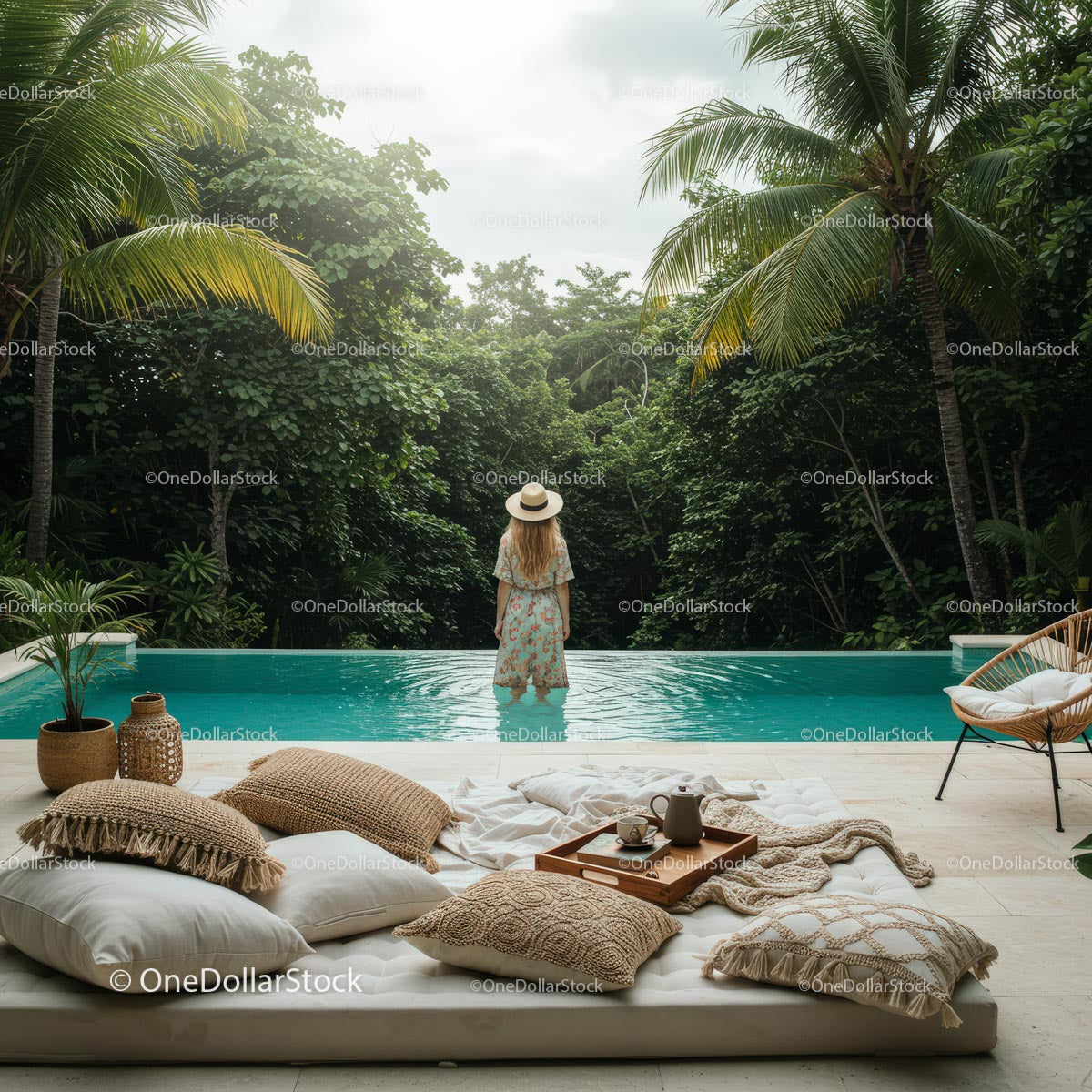 Woman Relaxing at Tropical Poolside Retreat