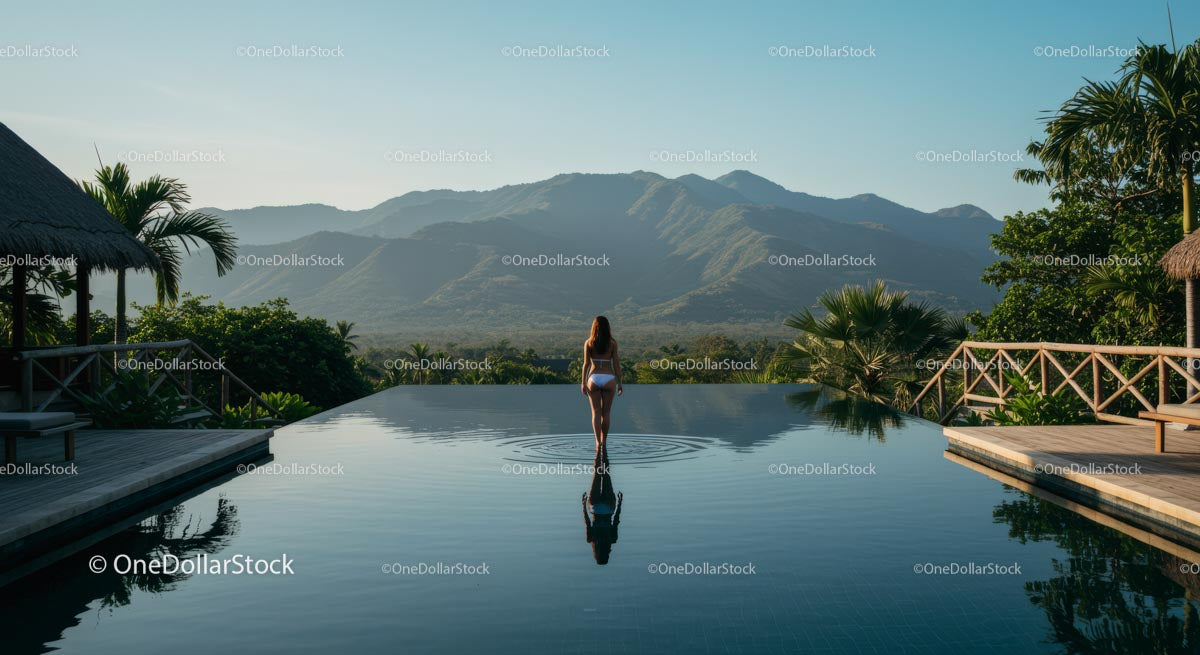 Woman Relaxing by Infinity Pool with Mountain View