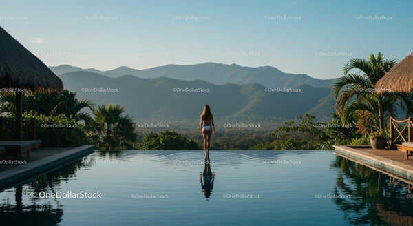 Woman Standing by Infinity Pool Overlooking Tropical Mountains