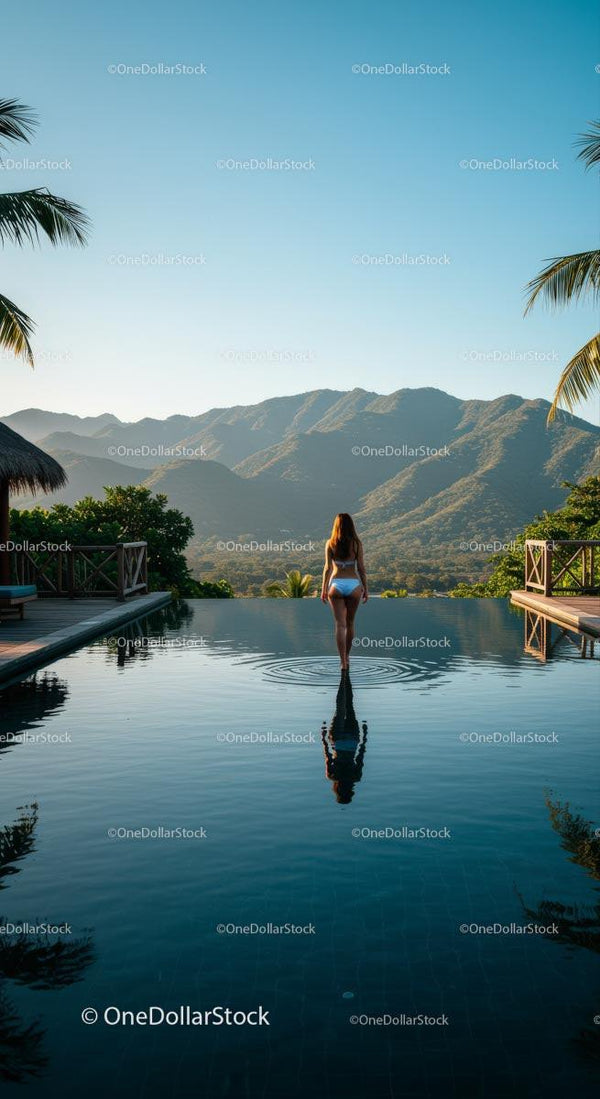 Woman Enjoying Infinity Pool with Mountain View