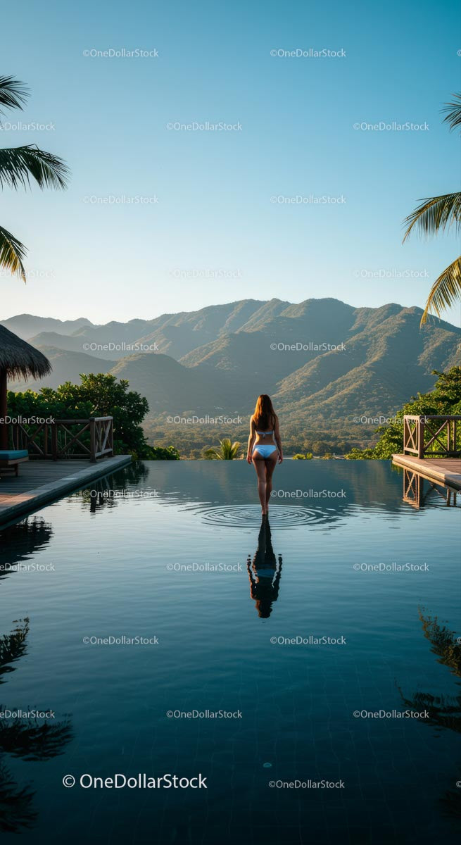 Woman Enjoying Infinity Pool with Mountain View