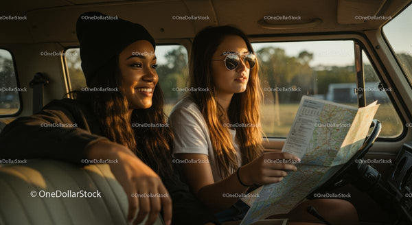Przyjaciele cieszący się wycieczką samochodową i zwiedzaniem z mapą