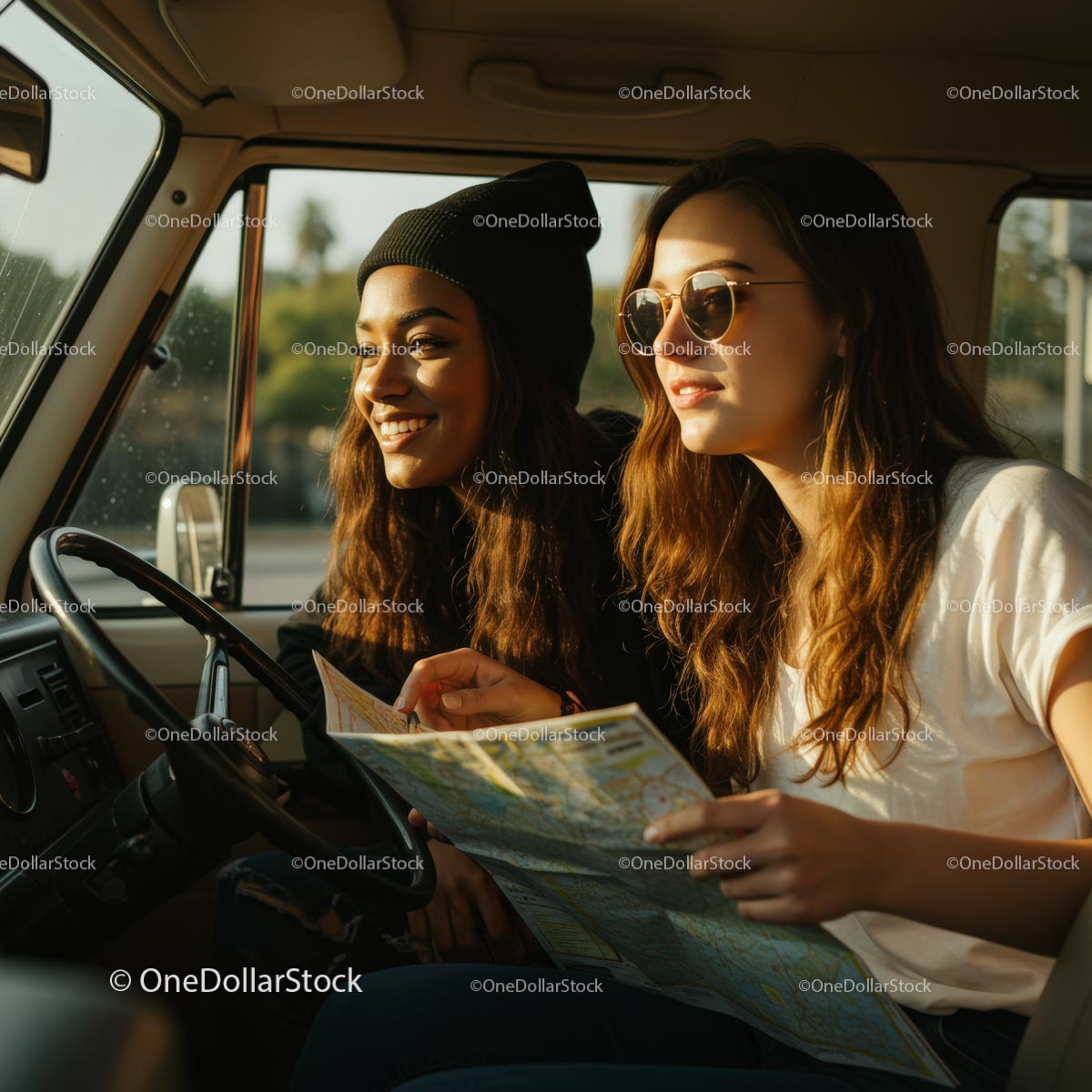 Two Friends Enjoying a Road Trip Adventure in a Van