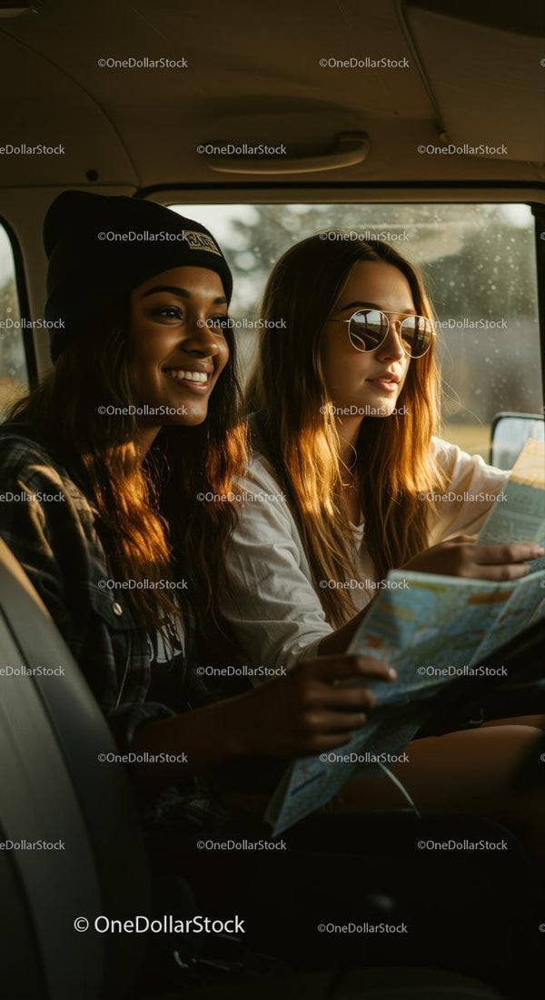 Two Young Women Navigating on a Road Trip Adventure