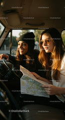 Young Women Navigating a Road Trip Adventure