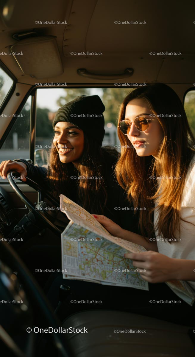 Young Women Navigating a Road Trip Adventure