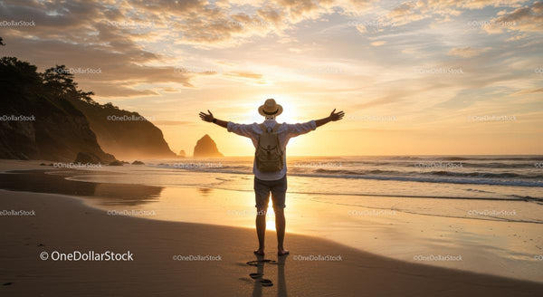 Traveler Embracing Sunset on Scenic Beach