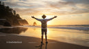 Person Embracing a Golden Sunset on a Tranquil Beach