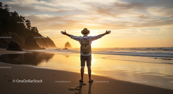 Person Embracing a Golden Sunset on a Tranquil Beach
