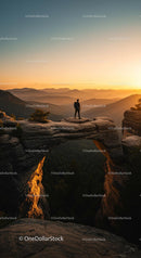 Hiker on Rock Archway at Sunset with Expansive Mountain View