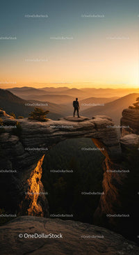 Hiker on Rock Archway at Sunset with Expansive Mountain View