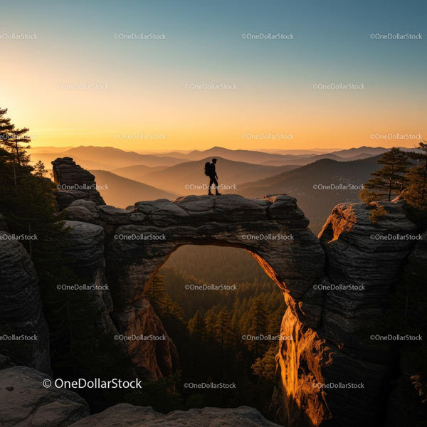Hiker on Natural Bridge at Sunset in Mountain Wilderness