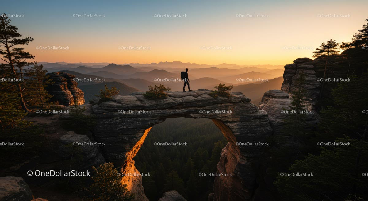 Hiker Crossing Natural Arch at Sunset Over Mountain Range
