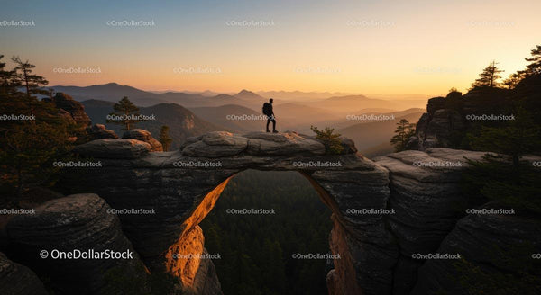 Hiker Standing on Rock Arch at Sunset