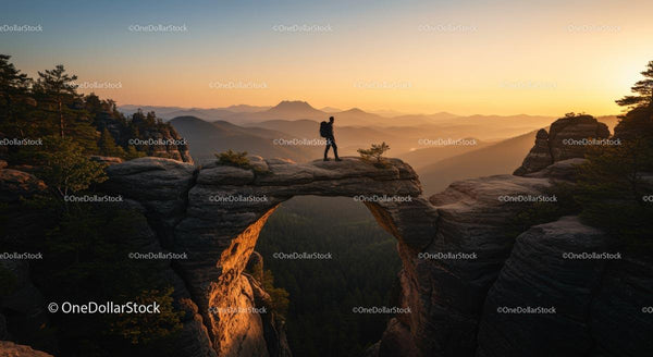 Hiker on Natural Arch at Sunset in Breathtaking Mountain Landscape