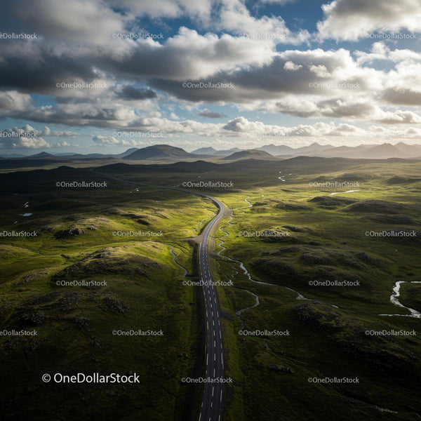Winding Road Through Lush Green Hills Under Cloudy Skies