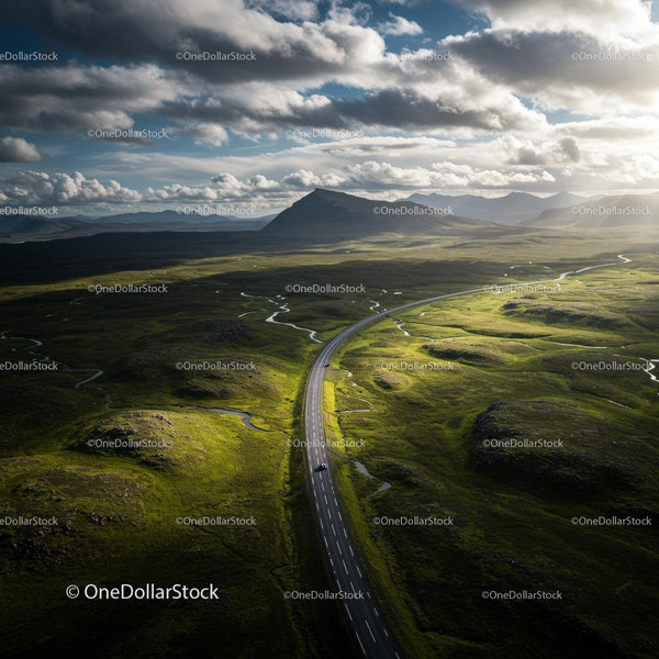 Aerial View of Winding Road Through Green Landscape and Mountains