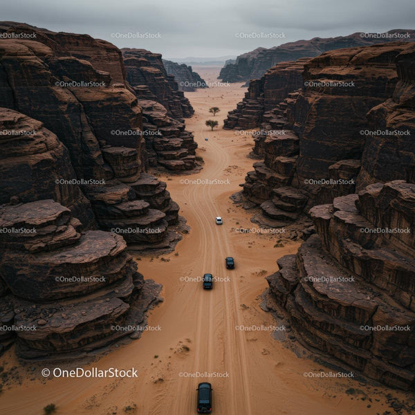 Aerial View of Off-Road Vehicles in Majestic Desert Canyon
