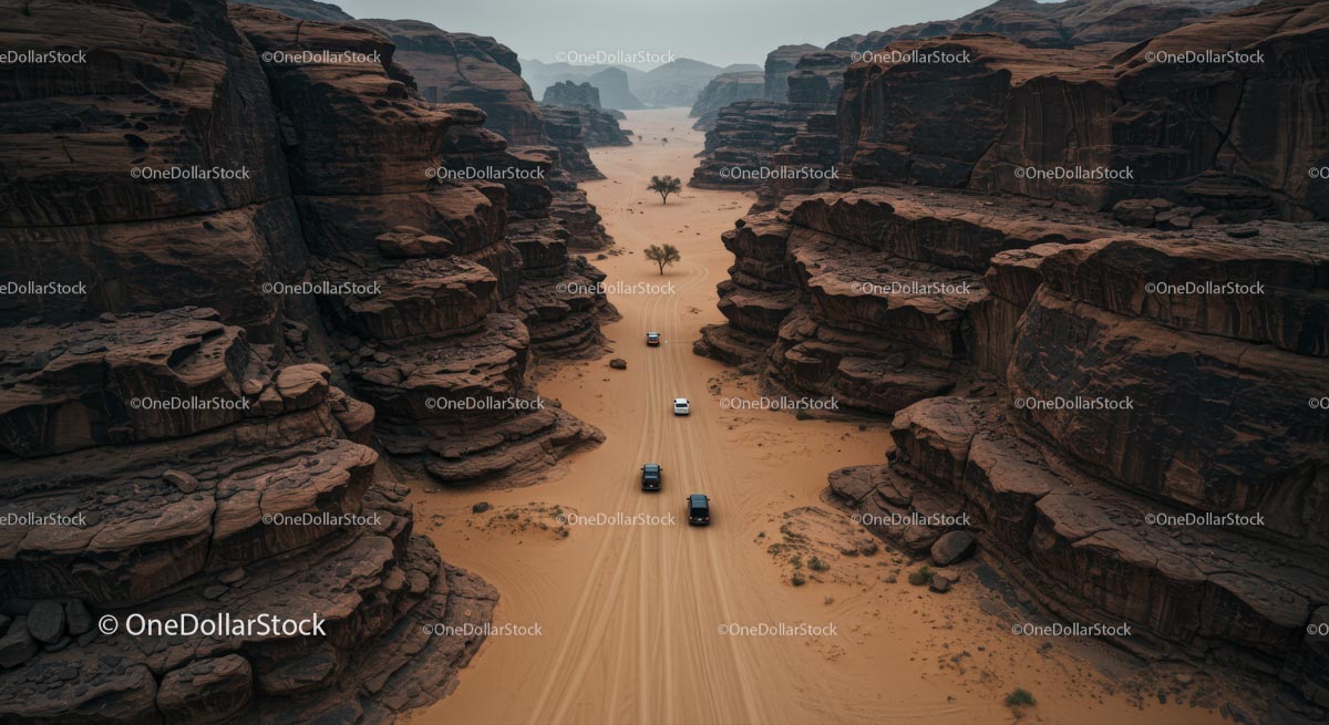 Off-Road Vehicles Navigating Majestic Desert Canyon