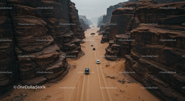 Aerial View of Cars Driving Through Majestic Desert Canyon