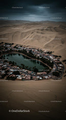 Aerial View of Oasis Village Surrounded by Vast Desert Dunes