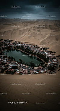 Aerial View of Oasis Village Surrounded by Vast Desert Dunes