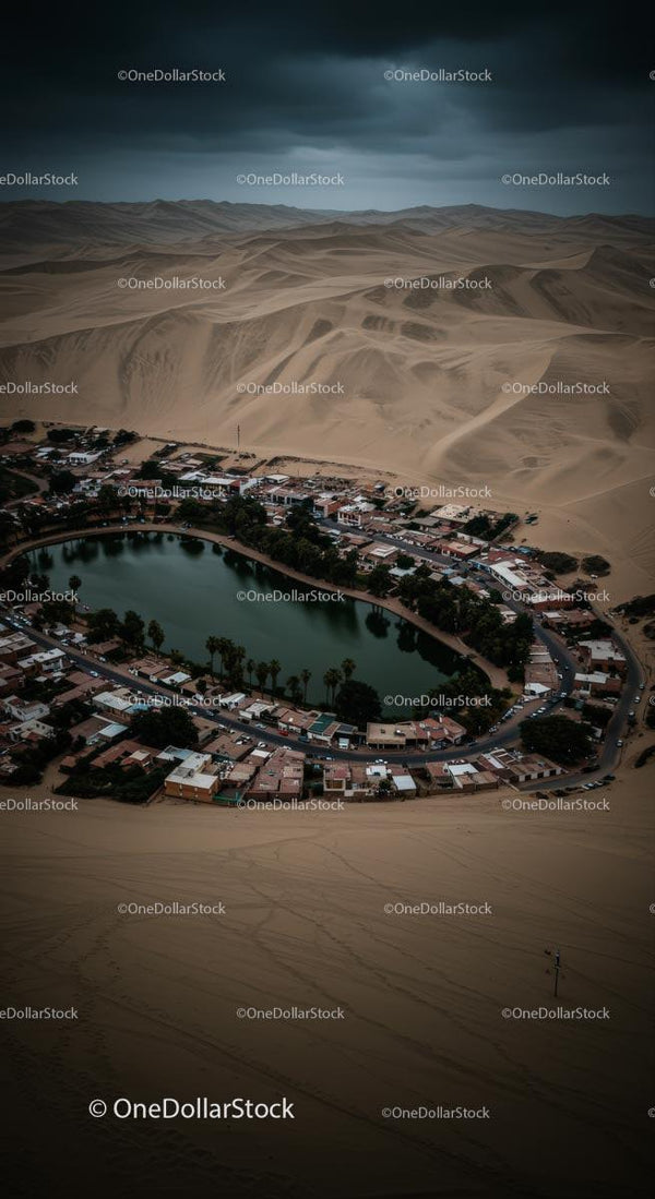 Aerial View of Oasis Village Surrounded by Vast Desert Dunes