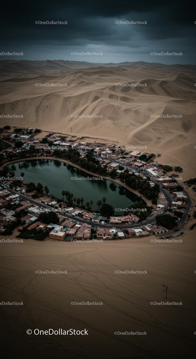 Aerial View of Oasis Village Surrounded by Vast Desert Dunes