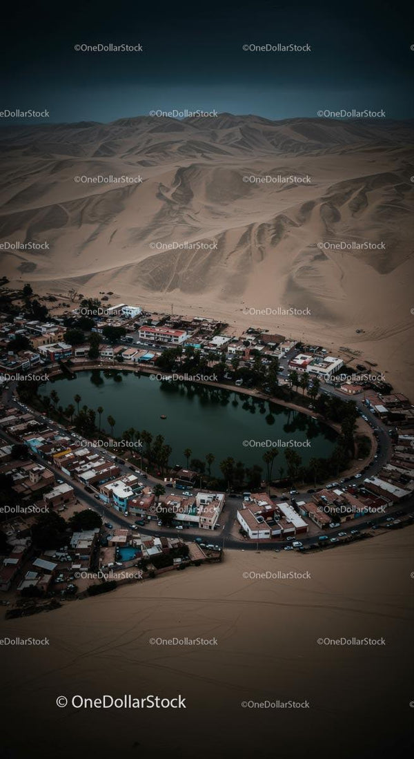 Aerial View of Oasis Surrounded by Vast Desert Dunes