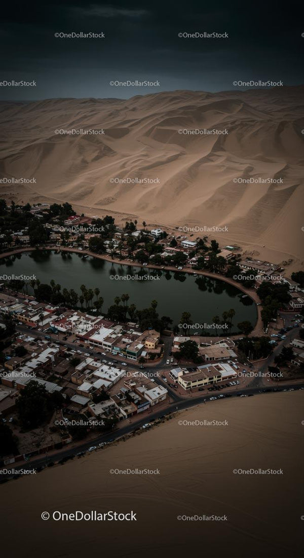 Aerial View of Huacachina Oasis in Peruvian Desert