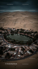 Aerial View of Oasis Surrounded by Desert Sand Dunes