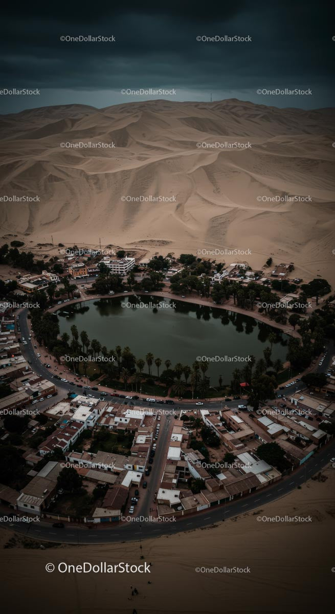Aerial View of Oasis Surrounded by Desert Sand Dunes