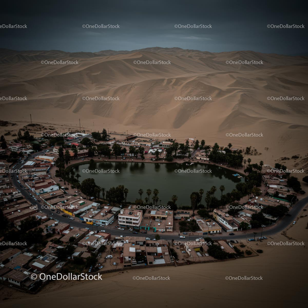 Aerial View of Huacachina Oasis in the Peruvian Desert