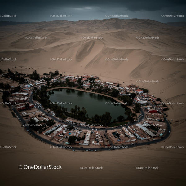 Aerial View of an Oasis Surrounded by Desert Sand Dunes