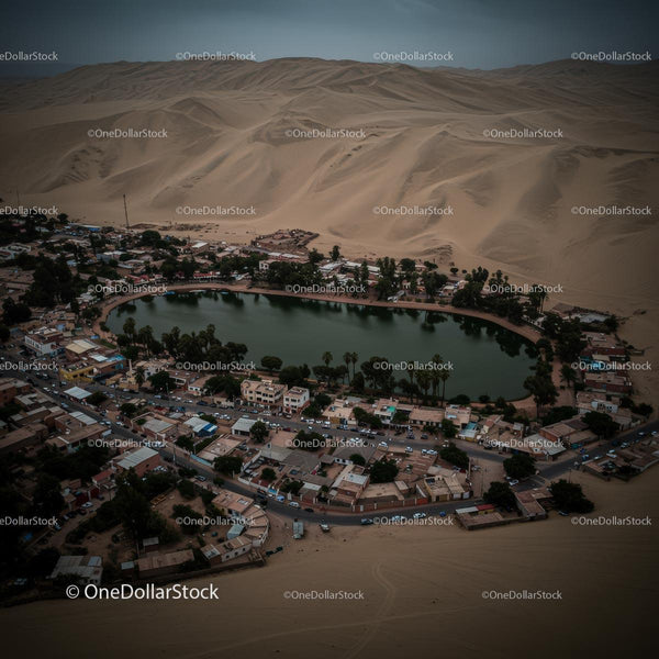 Aerial View of Huacachina Oasis in Peruvian Desert