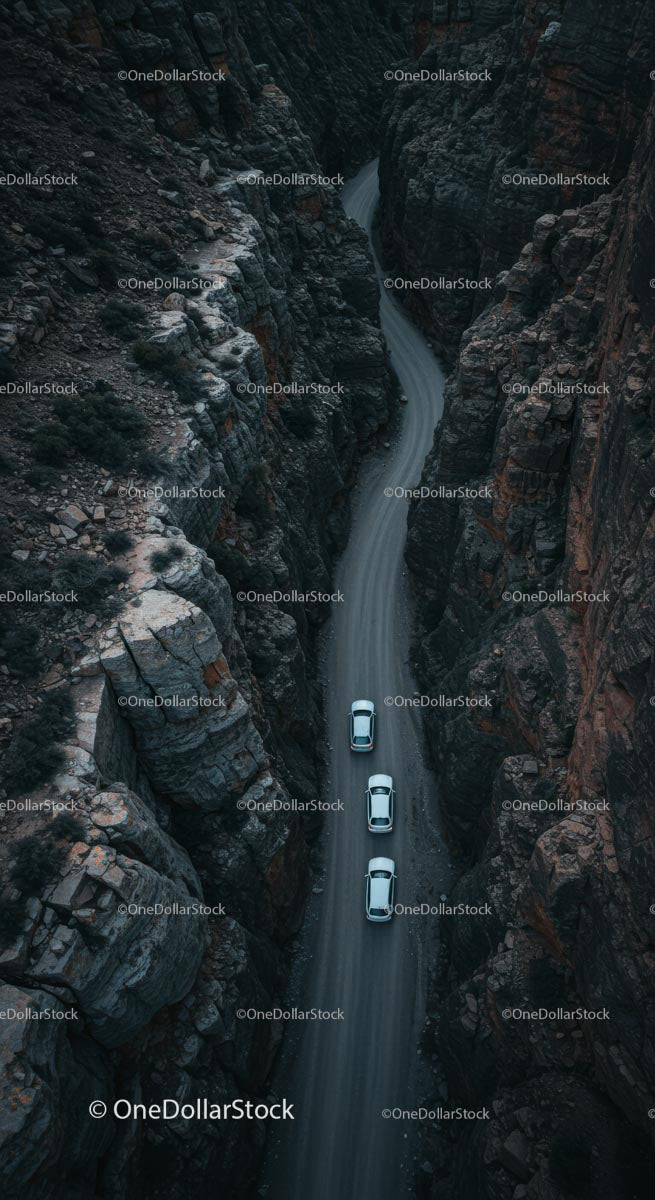 Aerial View of Cars Driving Through Rugged Canyon Road
