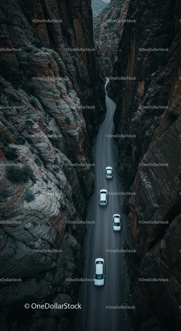 Cars Navigating a Narrow Canyon Road from Above