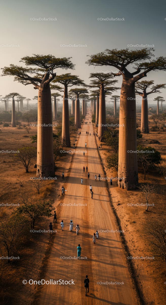 Majestatyczne drzewa baobabów rosnące wzdłuż malowniczej drogi na Madagaskarze