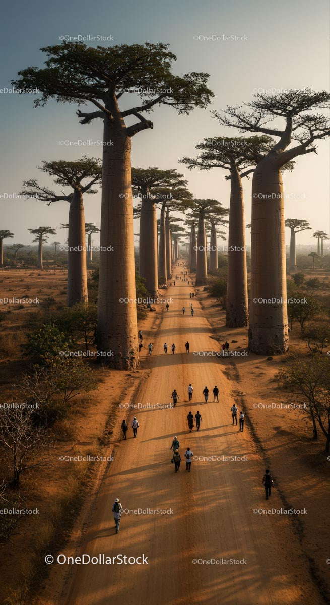 Majestatyczne drzewa baobabów wzdłuż zakurzonej drogi na Madagaskarze