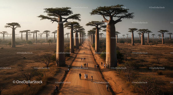 Drzewa Baobabu wzdłuż Szutrowej Drogi o Zachodzie Słońca na Madagaskarze