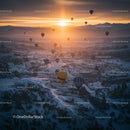 Hot Air Balloons Over Snowy Cappadocia at Sunrise