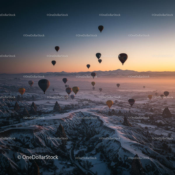 Hot Air Balloons Over Snowy Cappadocia at Sunrise