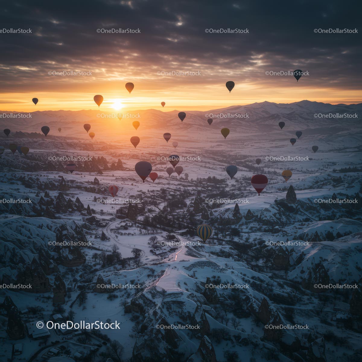 Hot Air Balloons Over Snowy Cappadocia at Sunrise