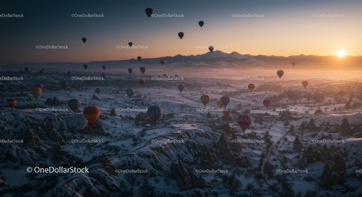 Balony na ogrzane powietrze nad ośnieżoną Kapadocją o wschodzie słońca