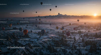 Hot Air Balloons Over Snowy Cappadocia at Sunrise