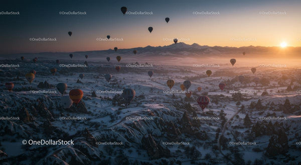 Hot Air Balloons Over Snowy Cappadocia at Sunrise