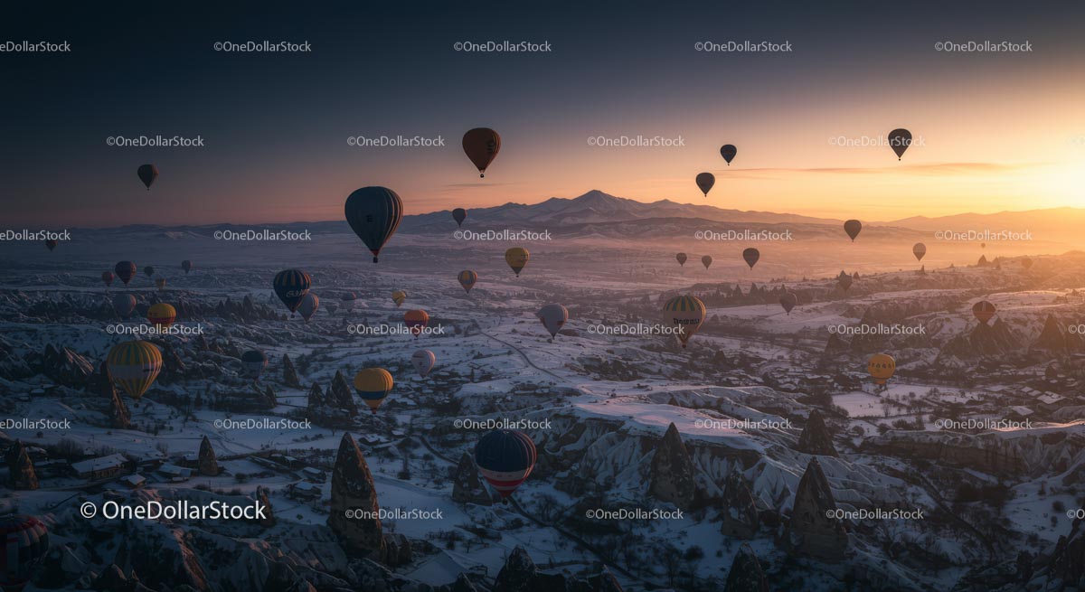 Hot Air Balloons at Sunrise over Cappadocia Landscape