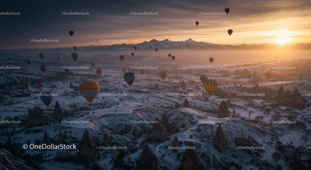 Balony na ogrzane powietrze nad ośnieżoną Kapadocją o wschodzie słońca