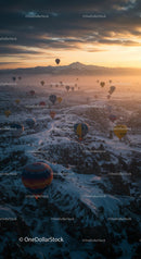 Hot Air Balloons at Sunrise Over Cappadocia's Snowy Valleys
